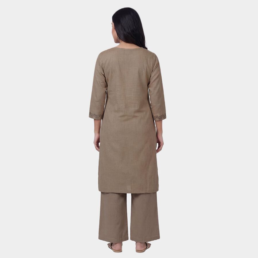 Women's Beige 100% Cotton Round Neck Straight Kurta, गहरा पीला, large