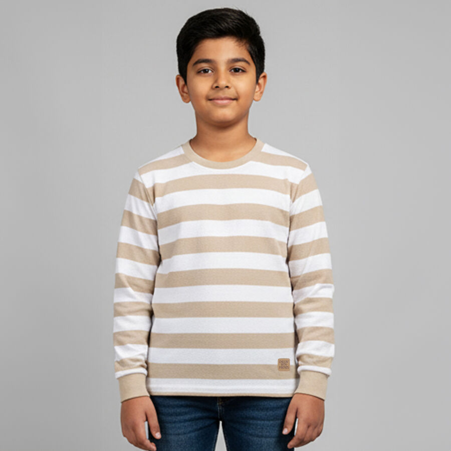 Boys Beige and White Round Neck Casual T-Shirt, भूरा, large image number null
