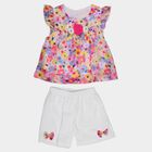 Girls Yellow Sleeveless Floral Top and White Shorts Set, पीला, small