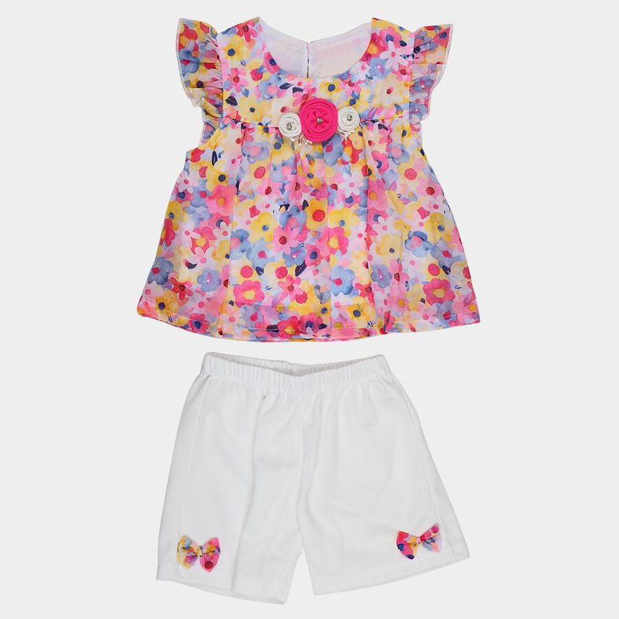 Girls Yellow Sleeveless Floral Top and White Shorts Set, पीला, large