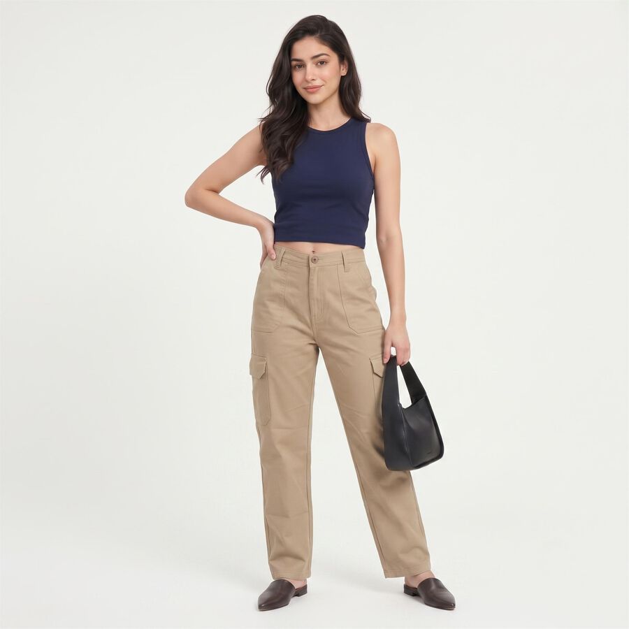Women's Beige Straight Fit Cargo Trousers, गहरा पीला, large