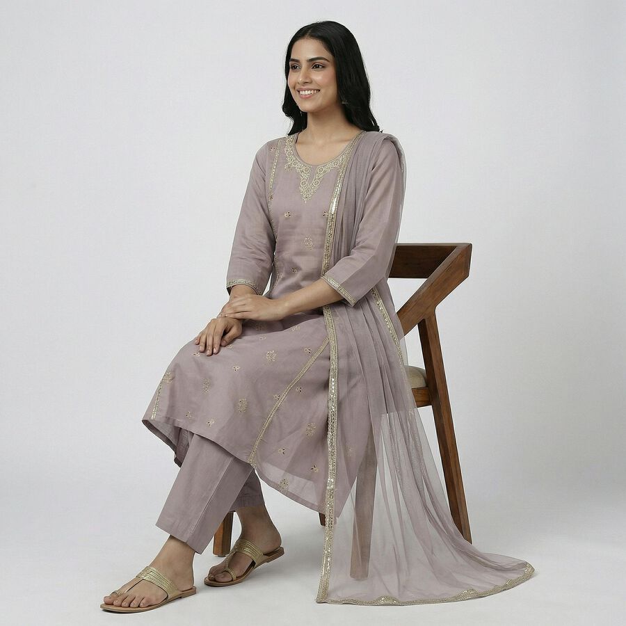 Women's Light Grey Round Neck Straight Kurta, Light Grey, large