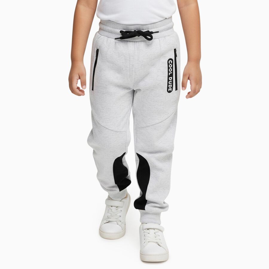 Boys' Light Grey Cotton Blend Jogger Pyjama with Black Knee Patches, एक्रू मिश्रित, large
