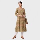 Women's Olive Green V-Neck Floral Printed Kurta, Light Green, small