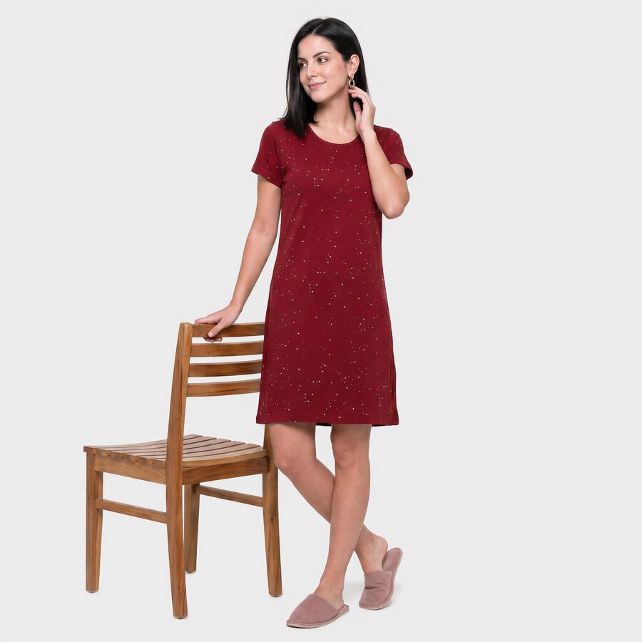 Women's Wine Cotton Round Neck T-Shirt Style Nighty, Wine, large