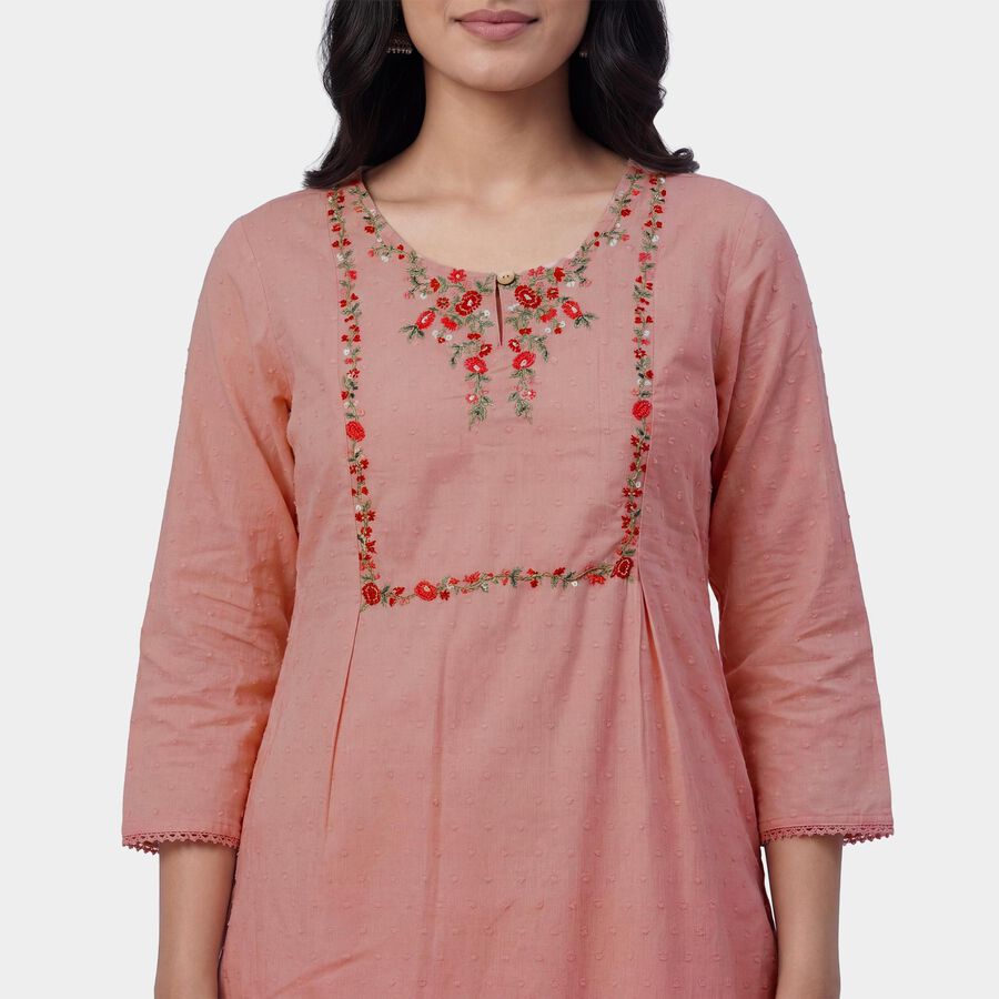Women's Pink 100% Cotton V-Neck Floral Printed Kurta, गुलाबी, large