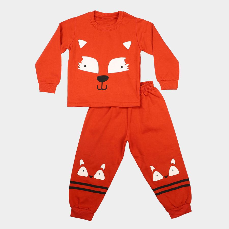 Boys Brown Round Neck Graphic Print Baba Suit, Brown, large