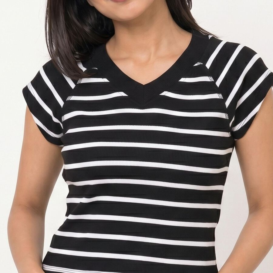 Women's Black V-Neck Regular T-Shirt, काला, large