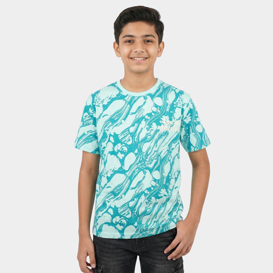 Boys Light Blue Cotton Round Neck Casual T-Shirt, हल्का नीला, large