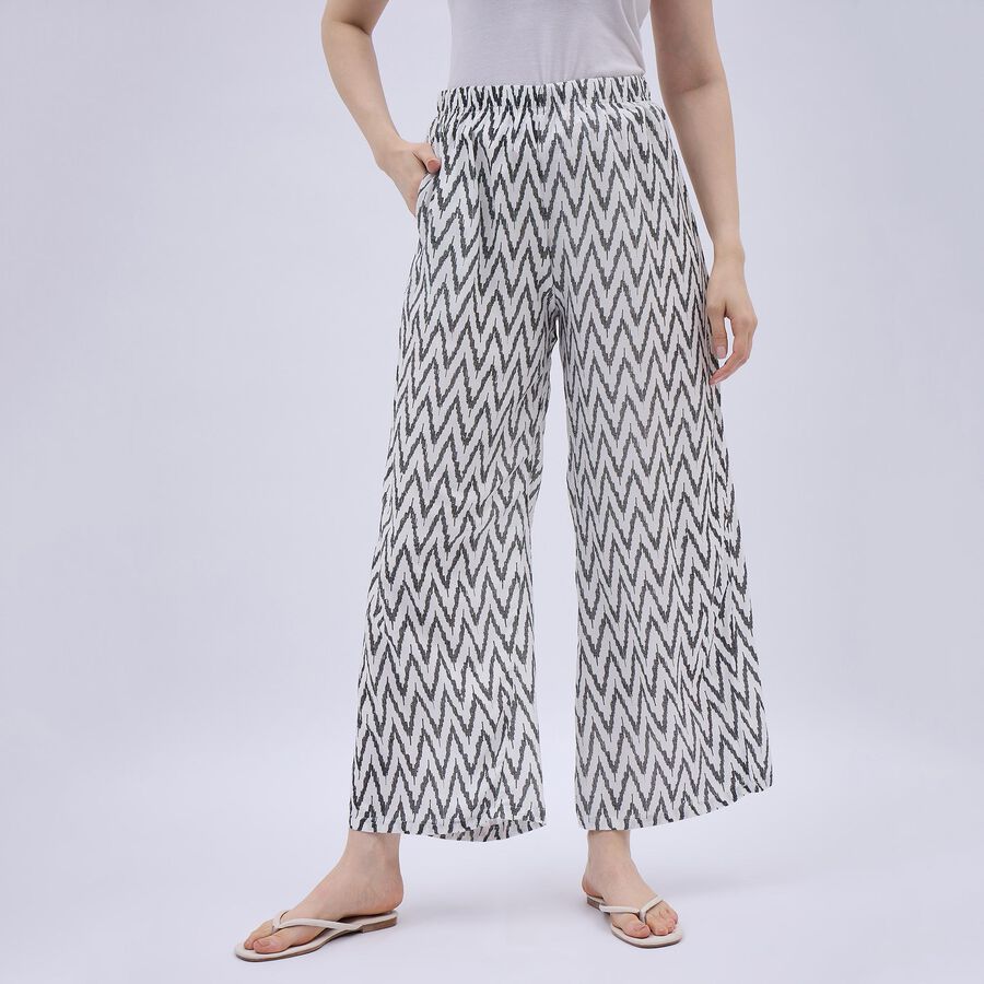 Women's Black and White Zigzag Printed Wide-Leg Palazzos, ऑफ व्हाइट, large image number null
