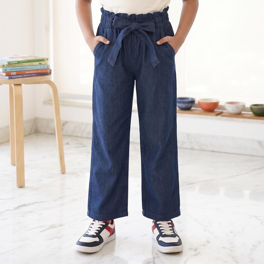 Girls Blue Wide Leg Paperbag Waist Jeans, मिश्रित नीला, large