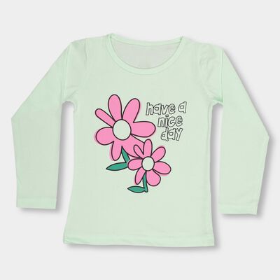 Girls' Light Mint Green Cotton Round Neck Casual Top