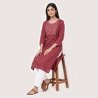 Women's Purple Round Neck Embroidered Kurta, Purple, small