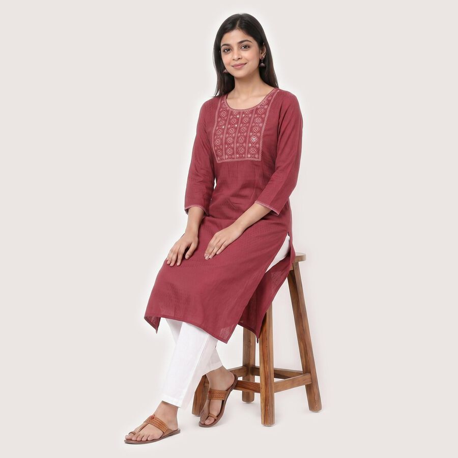 Women's Purple Round Neck Embroidered Kurta, Purple, large