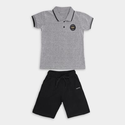 Boys' Light Grey Polo Neck Striped Baba Suit