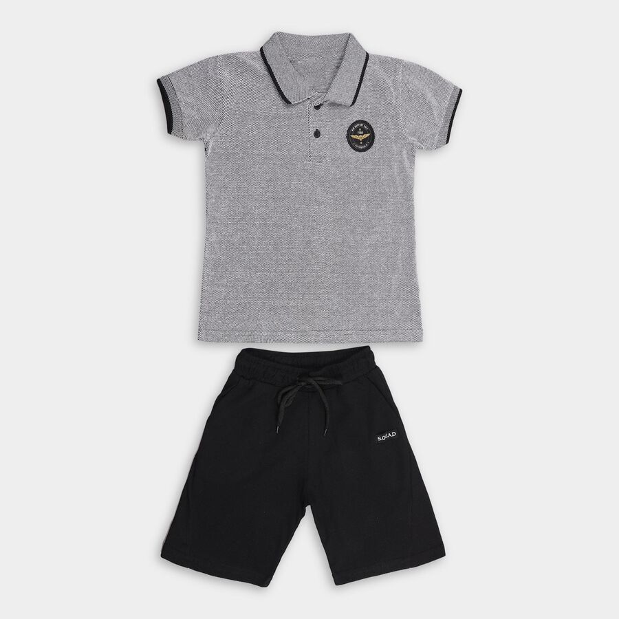 Boys' Light Grey Polo Neck Striped Baba Suit, Light Grey, large image number null