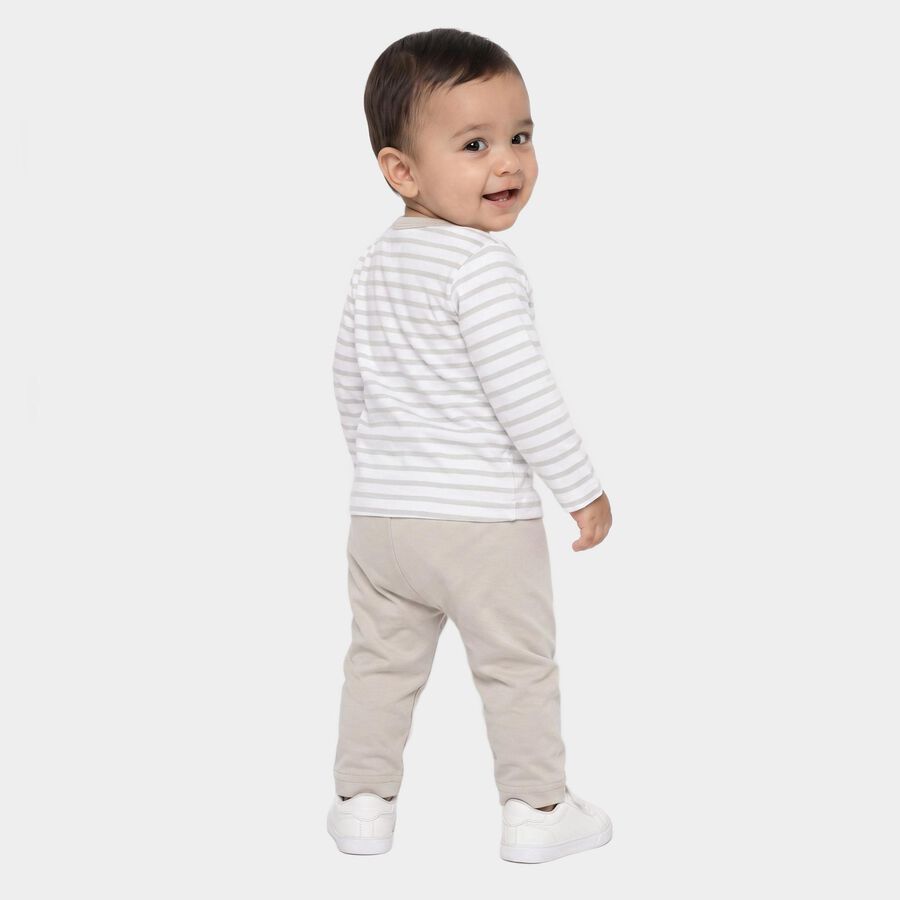 Infants' Grey 100% Cotton Round Neck Striped Baba Suit, हल्का ग्रे, large