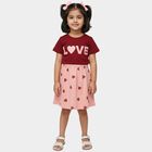 Girls' Maroon Short Sleeve Top and Pink Heart Print Skirt Set, Maroon, small