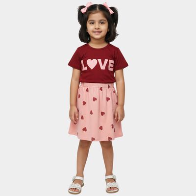 Girls' Maroon Short Sleeve Top and Pink Heart Print Skirt Set