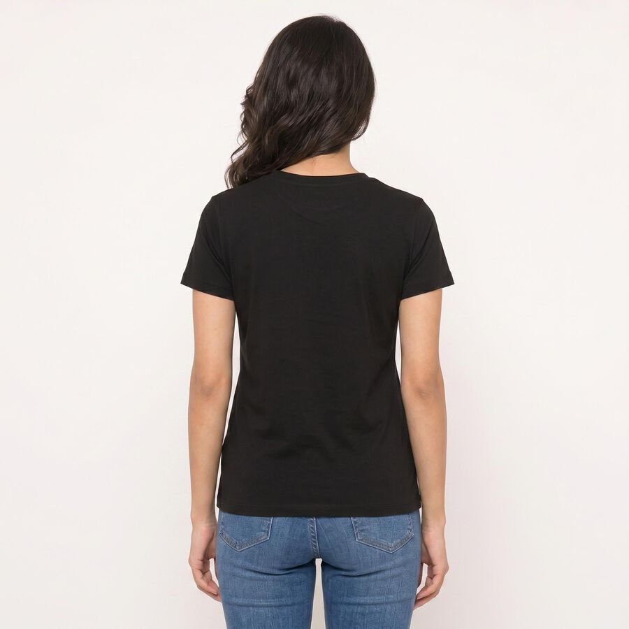 Women's Black Round Neck Graphic Print Regular T-Shirt, Black, large