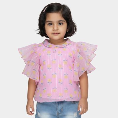 Girls Pink Round Neck Casual T-Shirt