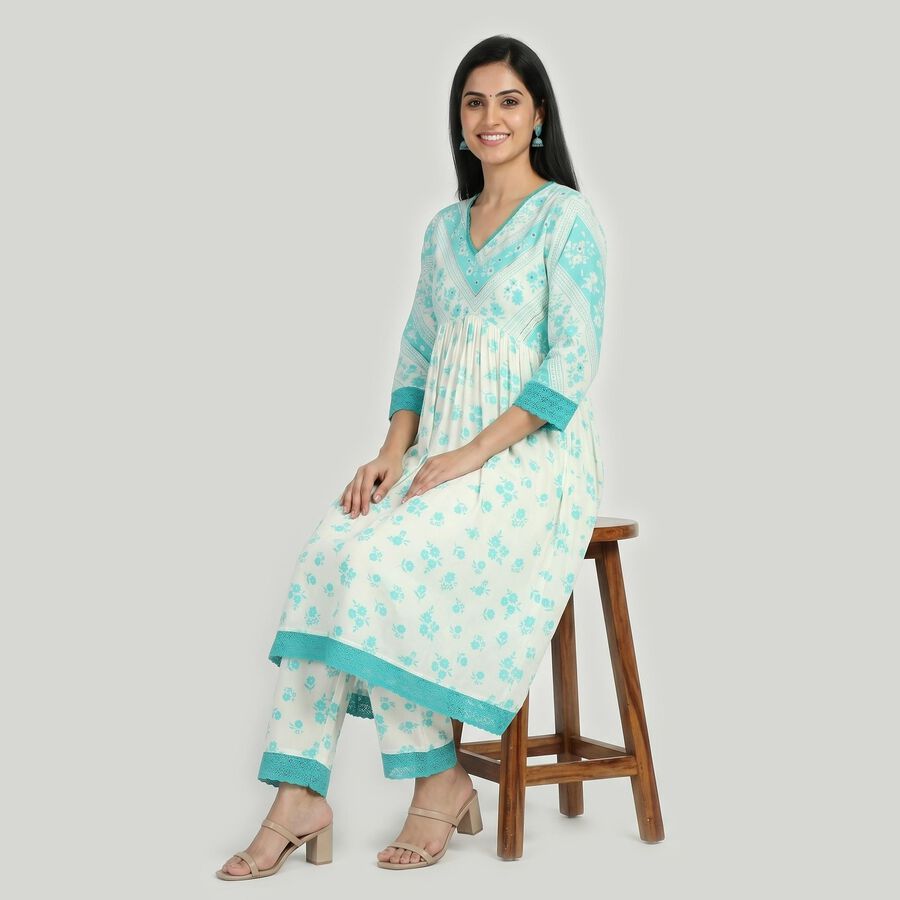 Women's Light Blue V-Neck Floral Printed Kurta, Light Blue, large