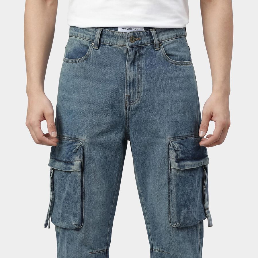 Men's Blue Straight Fit Washed Jeans, मध्यम नीला, large