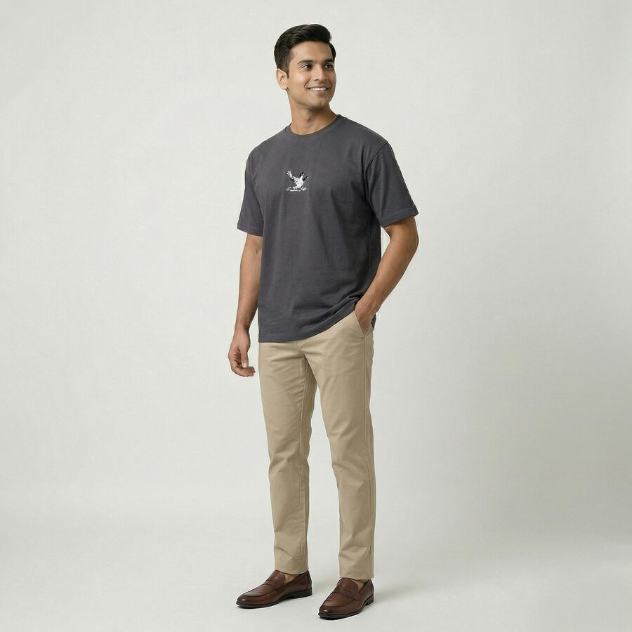 Men's Dark Grey Cotton Round Neck Casual T-Shirt, Dark Grey, large