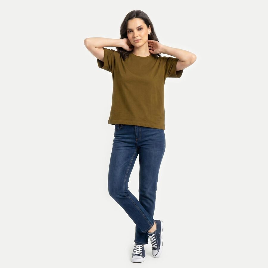 Women's Olive Green Cotton Round Neck Regular T-Shirt, Olive, large