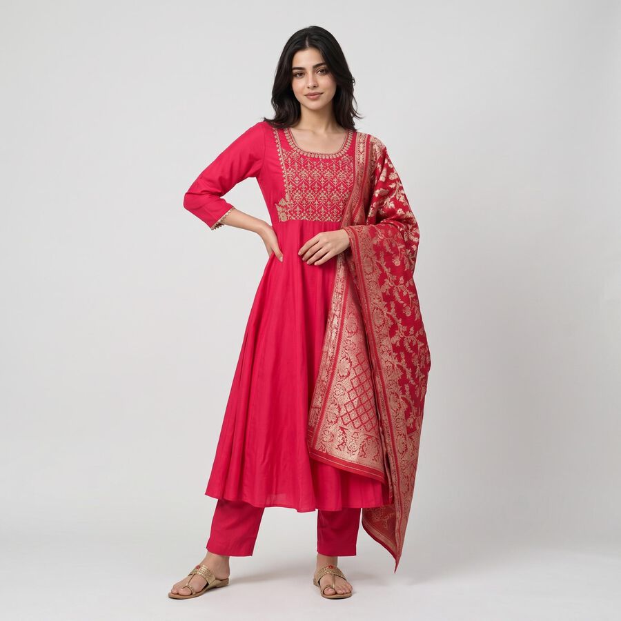 Women's Pink Embroidered Ethnic Set, रानी (फ्यूशिया), large