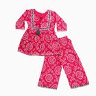 Girls' Bright Fuchsia Pink Printed Kurta and Palazzo Fusion Set, Fuchsia, small