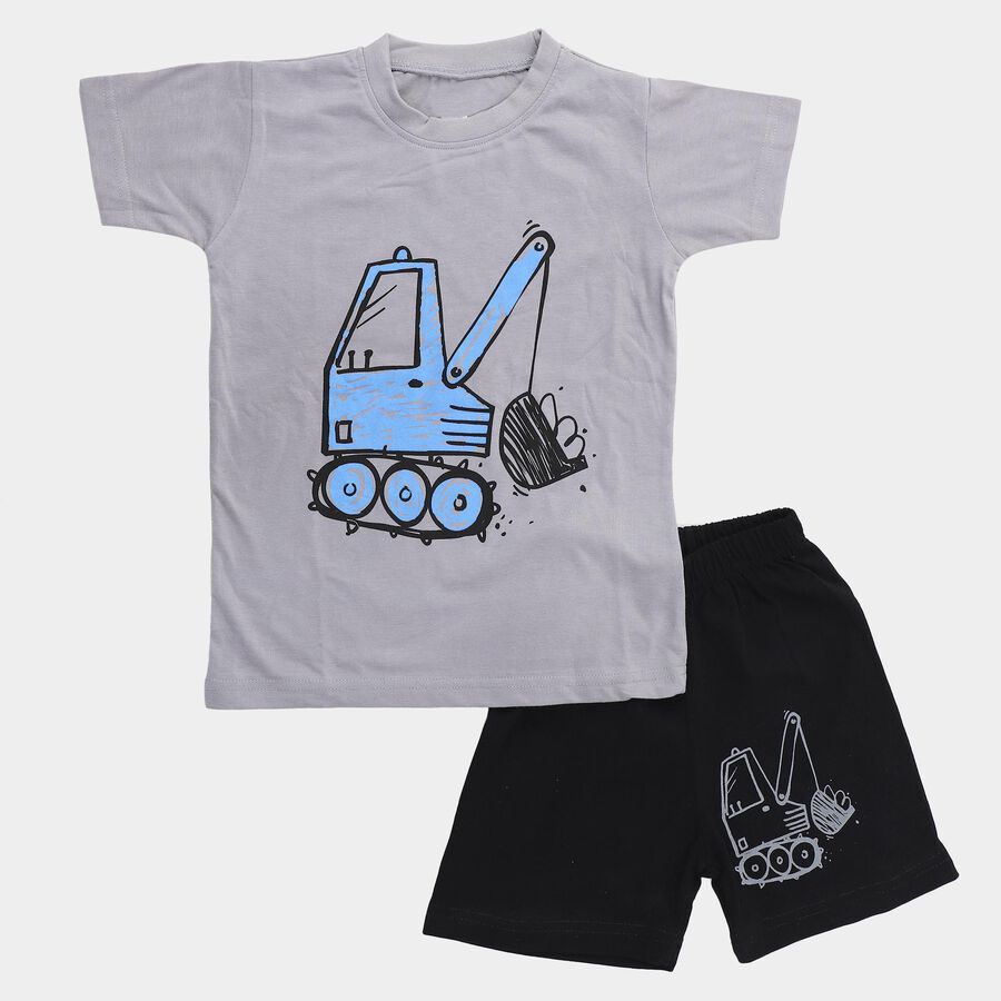 Boys Light Grey Round Neck Excavator Print Baba Suit, Light Grey, large