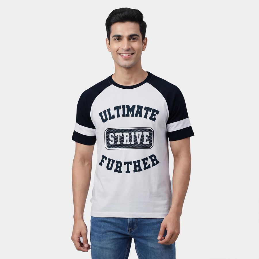 Men's Navy Blue Round Neck Graphic Printed T-Shirt, Dark Blue, large