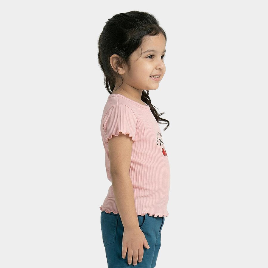 Girls Pink Cotton Round Neck Casual T-Shirt, हल्का गुलाबी, large
