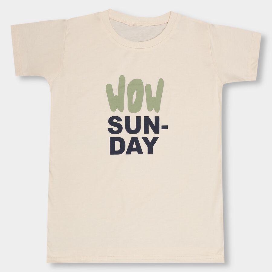 Boys' Beige Round Neck Printed T-Shirt, Beige, large