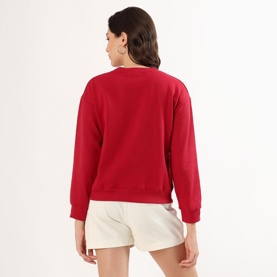 Women's Bright Cherry Red Crew Neck Casual Sweatshirt, लाल, large image number null