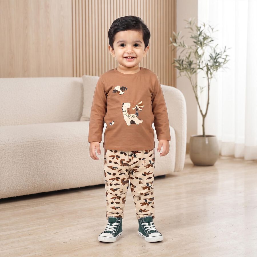 Infants' Beige 100% Cotton Round Neck Graphic Print Baba Suit, Beige, large