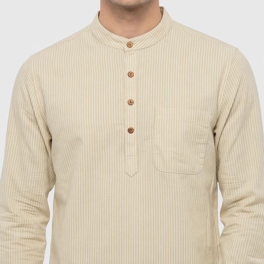 Men's Beige Mandarin Collar Striped Straight Kurta, Beige, large
