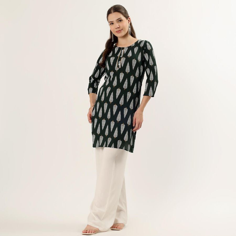Women's Green Mandarin Collar Printed Straight Kurta, Dark Green, large