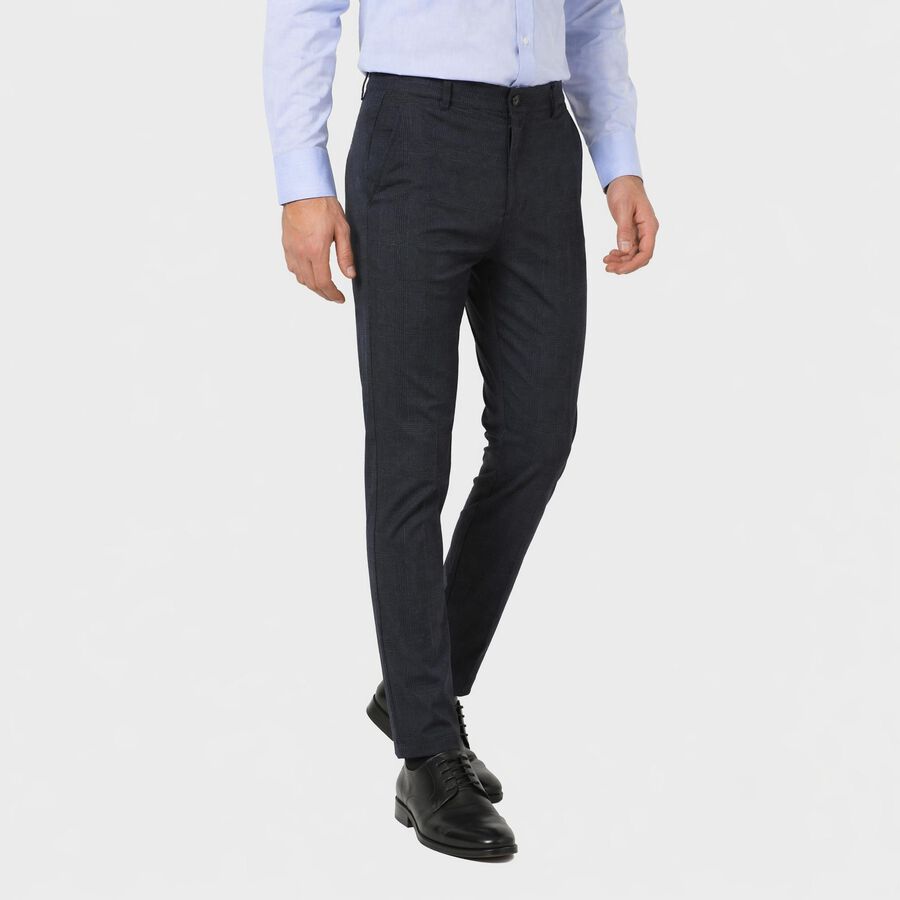 Men's Navy Blue Slim Fit Checked Casual Trousers, नेवी ब्लू, large