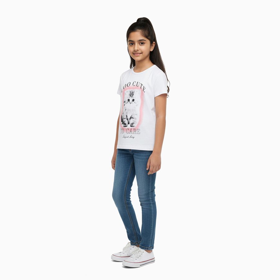 Girls Bright Snow White Cotton Round Neck Casual T-Shirt, सफ़ेद, large image number null