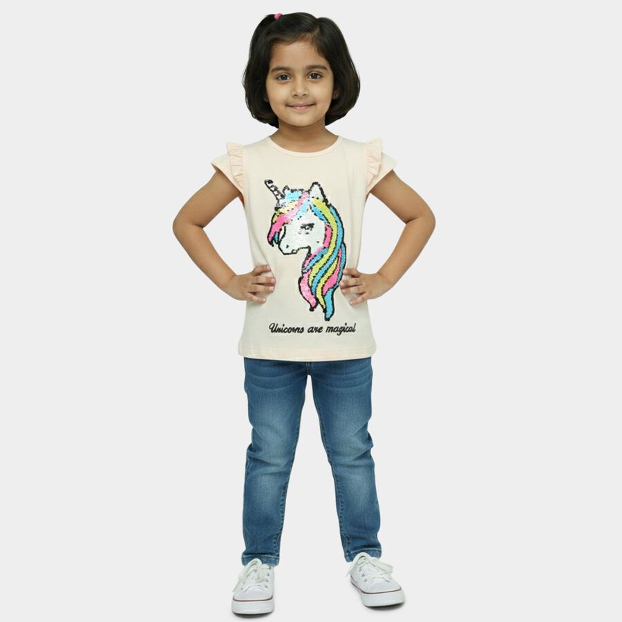 Girls' Pink Cotton Round Neck Unicorn Printed T-Shirt, हल्का गुलाबी, large