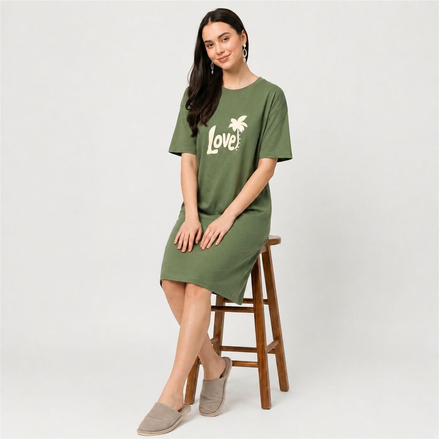 Women's Olive Green Round Neck T-Shirt Style Nighty, Olive, large