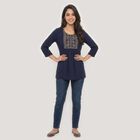 Women's Navy Blue Round Neck Embroidered Kurti, Navy Blue, small