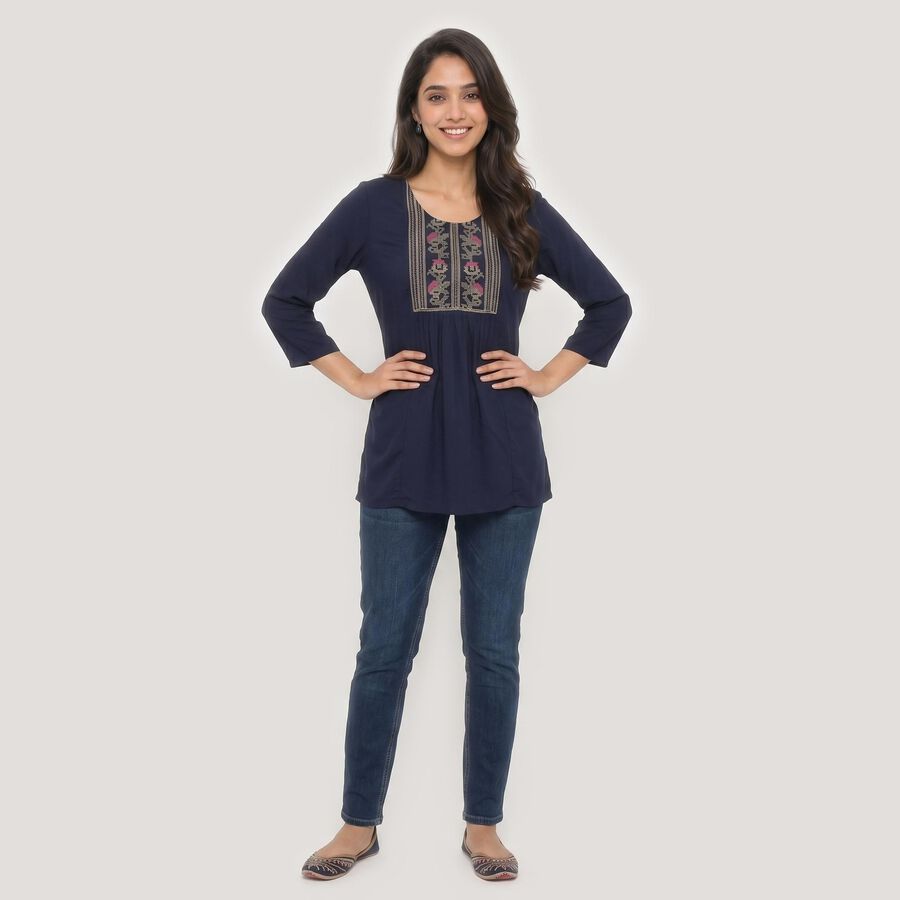 Women's Navy Blue Round Neck Embroidered Kurti, Navy Blue, large