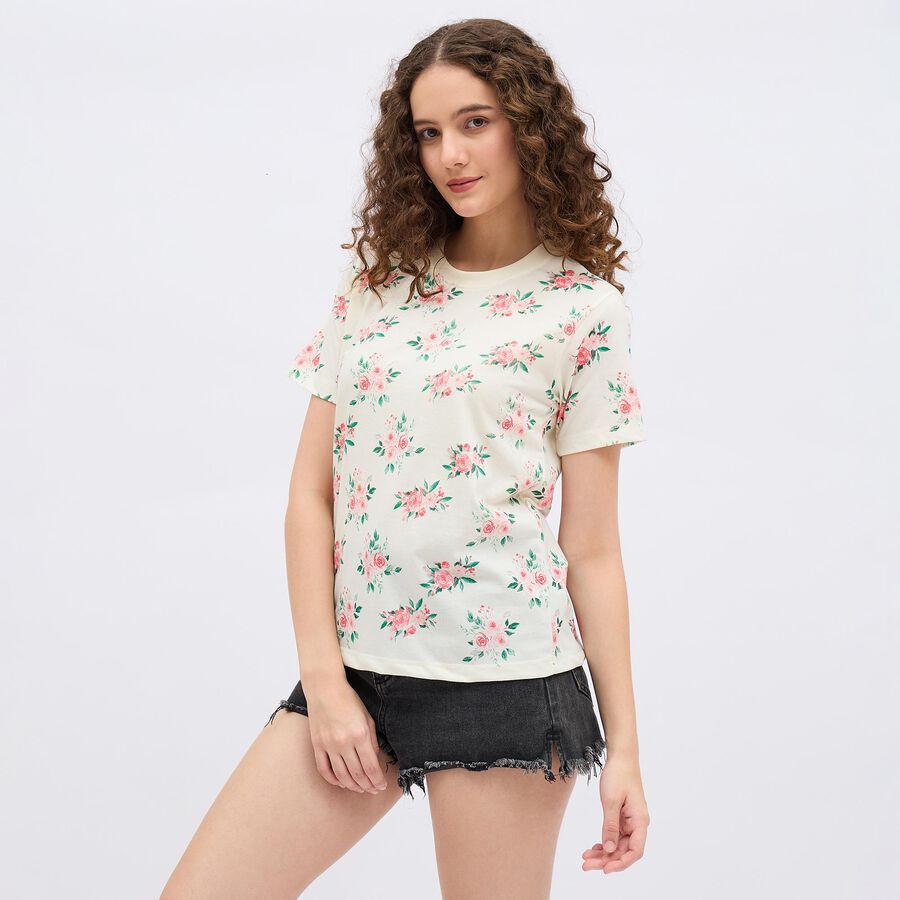 Women's Eggshell White Round Neck Floral T-Shirt, White, large image number null