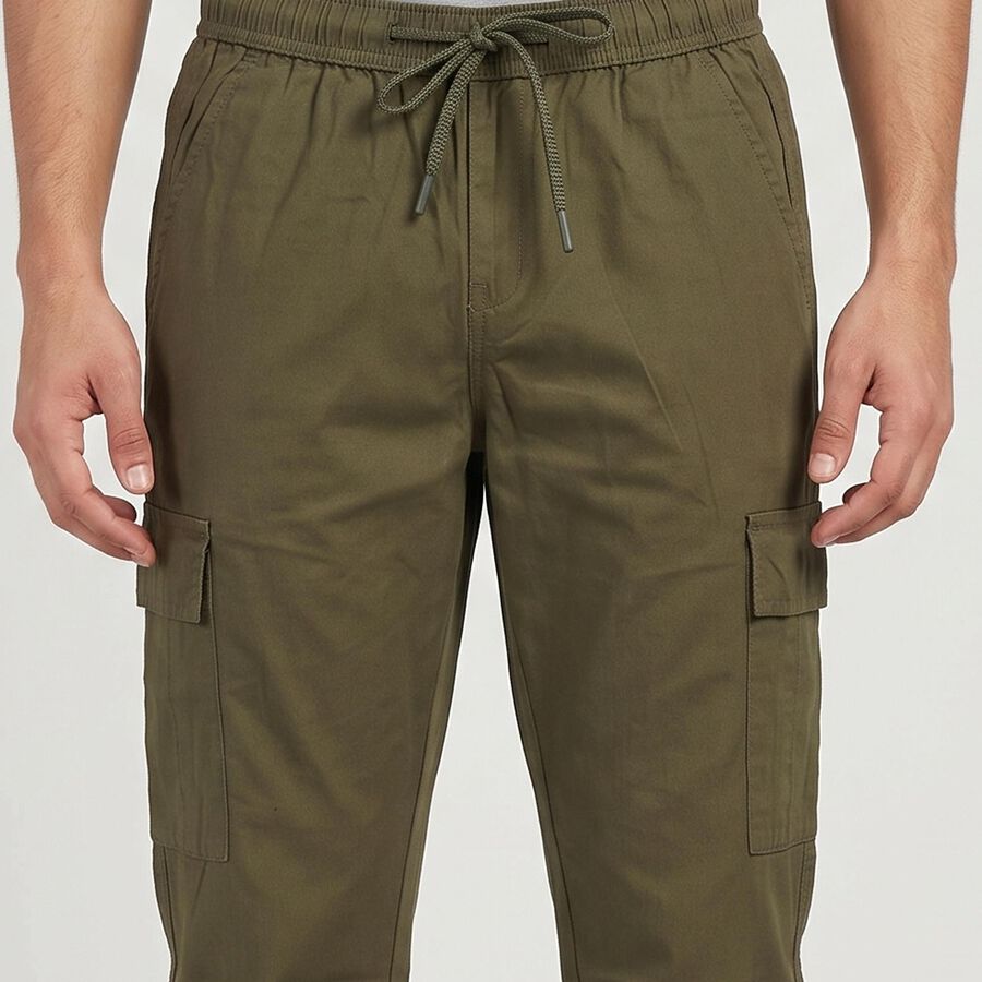 Men's Olive Green Slim Fit Cargo Trousers, Olive, large