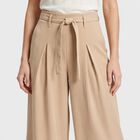 Women's Beige Wide Leg Pleated Trousers, गहरा पीला, small