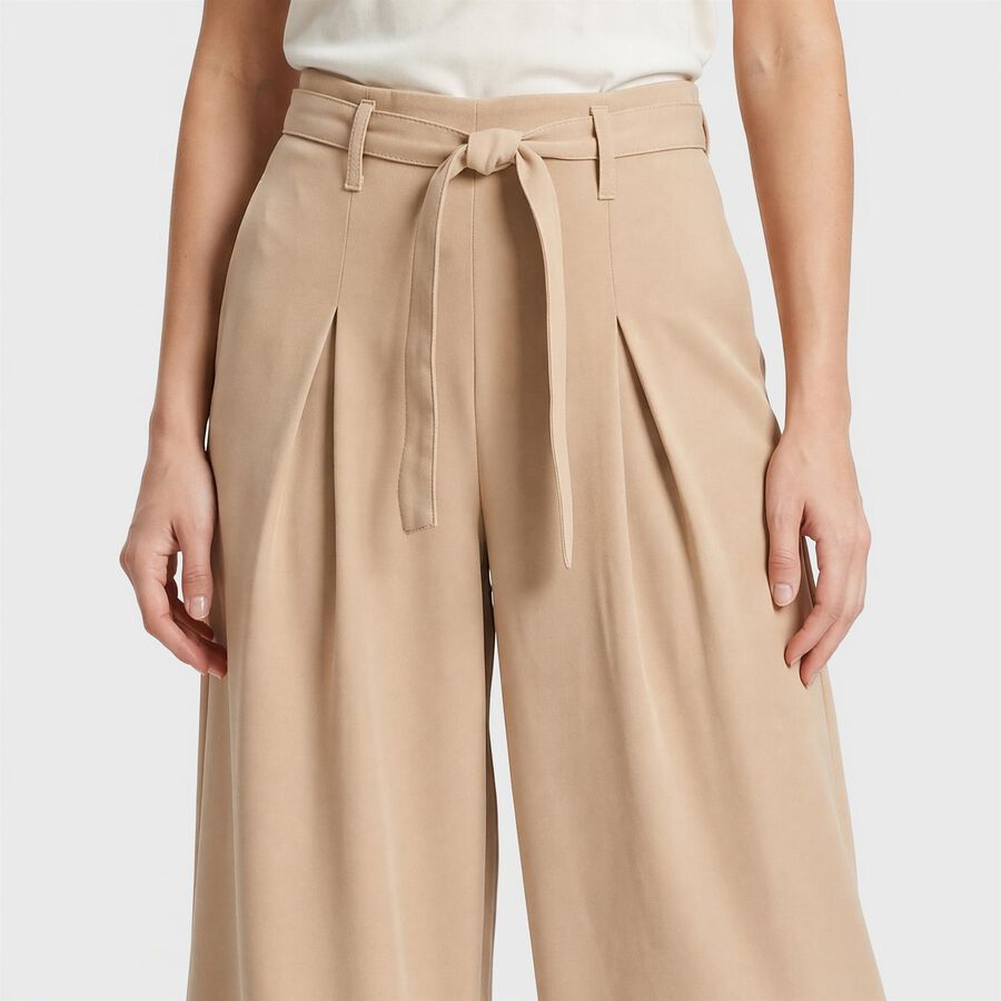 Women's Beige Wide Leg Pleated Trousers, गहरा पीला, large