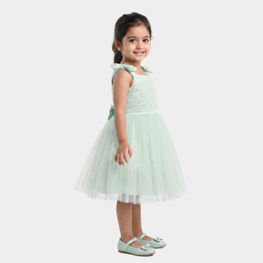 Girls' Mint Green Fit and Flare Pearl Embellished Tulle Frock, Light Green, large